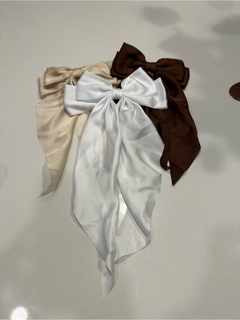 Silky Bow Hair Scarves Trio — White, Beige, Brown